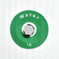 Green water valve handle with 'Water IN' text on a white background