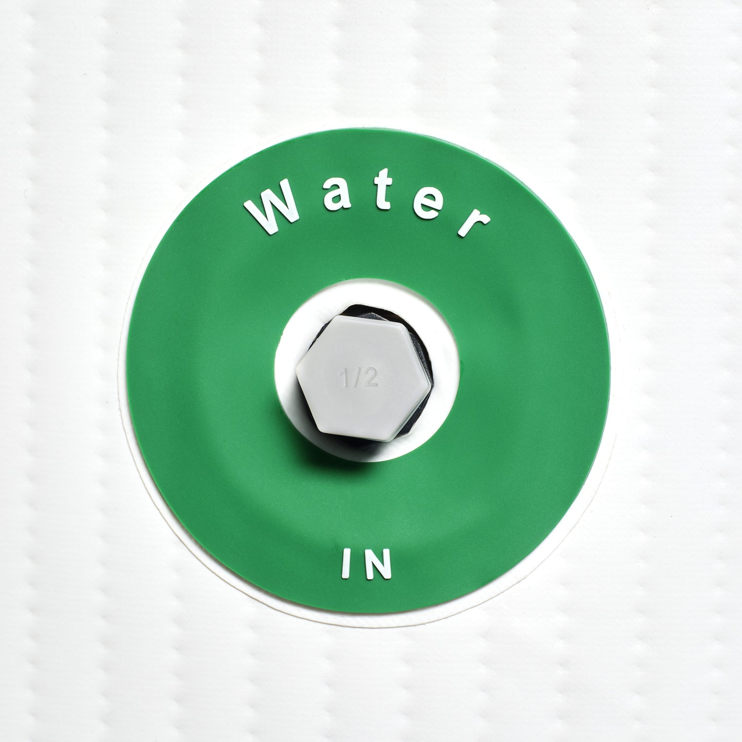 Green water valve handle with 'Water IN' text on a white background