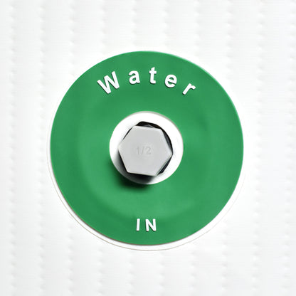 Green water valve handle with 'Water IN' text on a white background