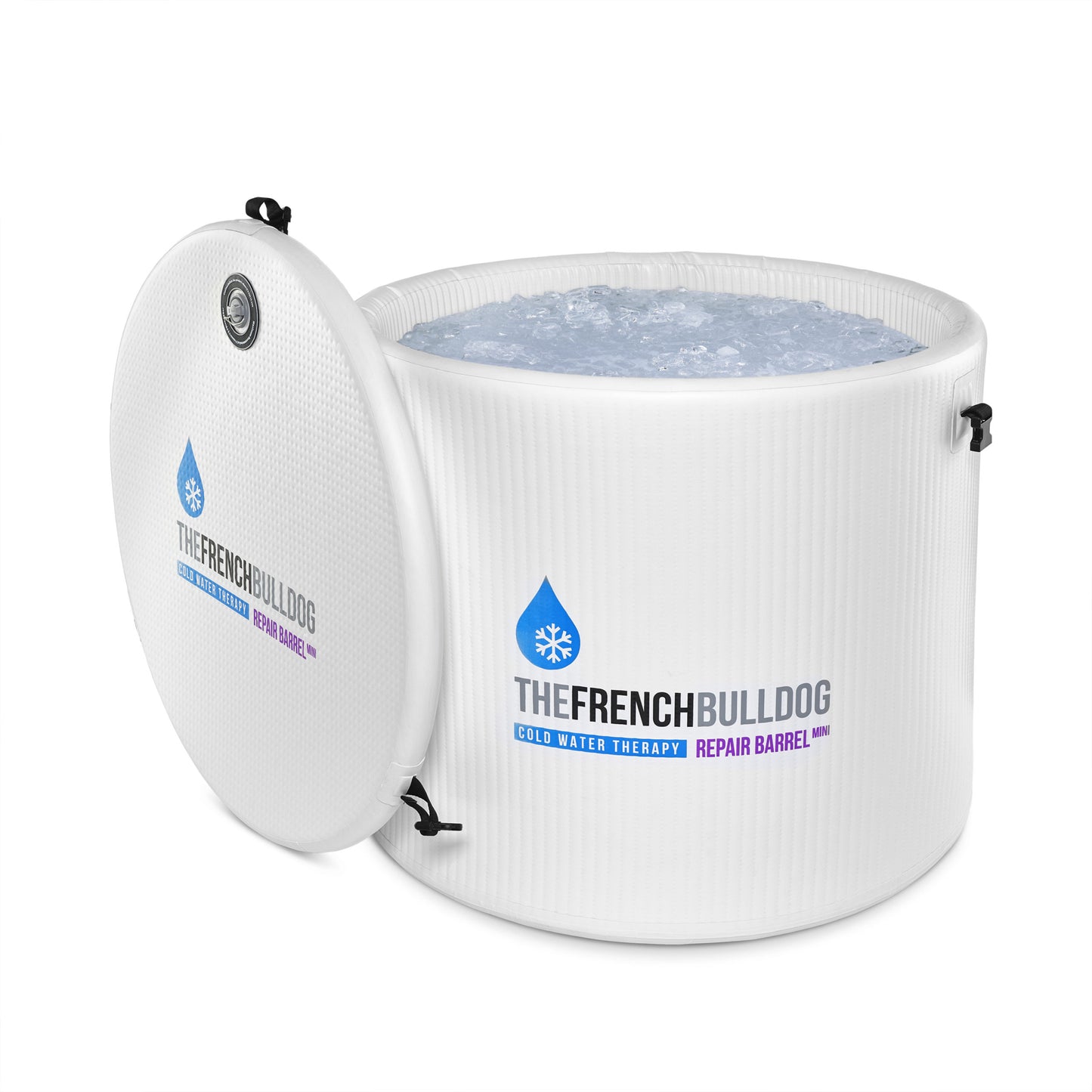 White cold water therapy barrel with 'The French Bulldog' branding on a white background
