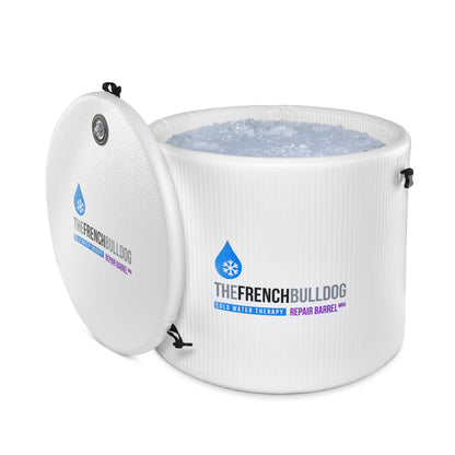 White cold water therapy barrel with 'The French Bulldog' branding on a white background