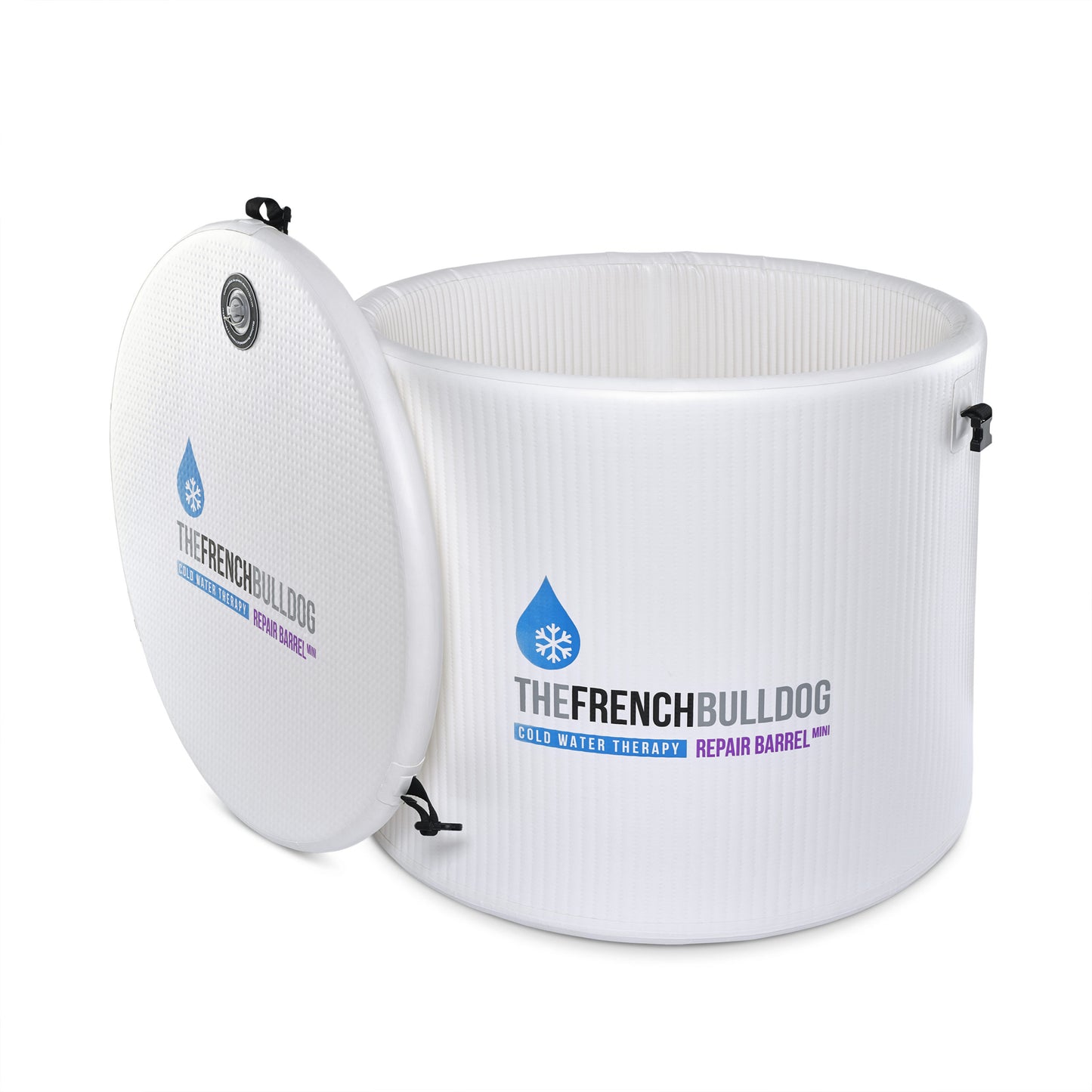White cold water therapy barrel with 'The French Bulldog' branding on a white background
