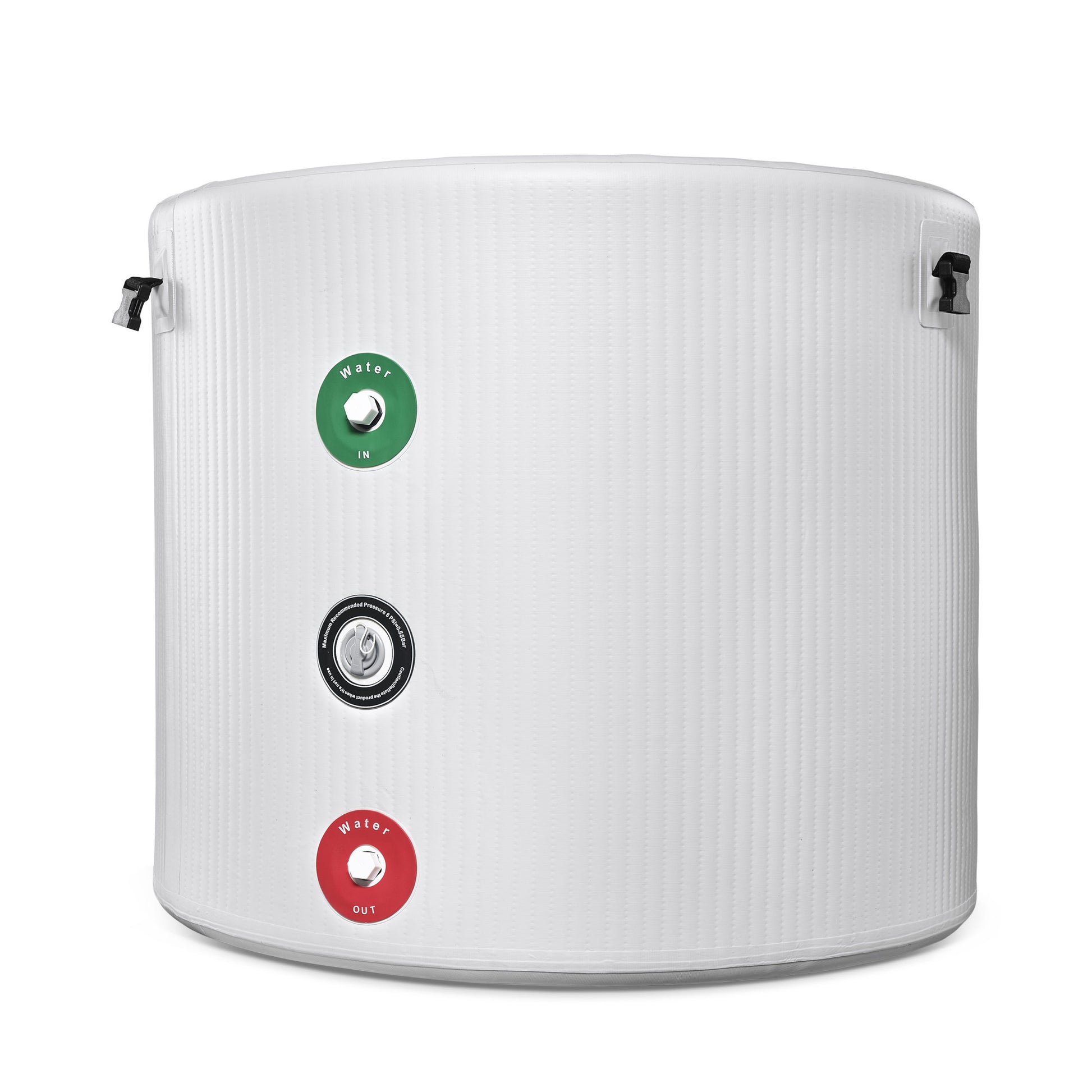 White water storage tank with labeled ports on a white background
