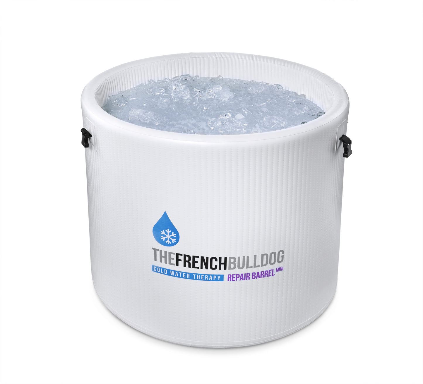 White barrel with water and 'The French Bulldog' logo on a white background