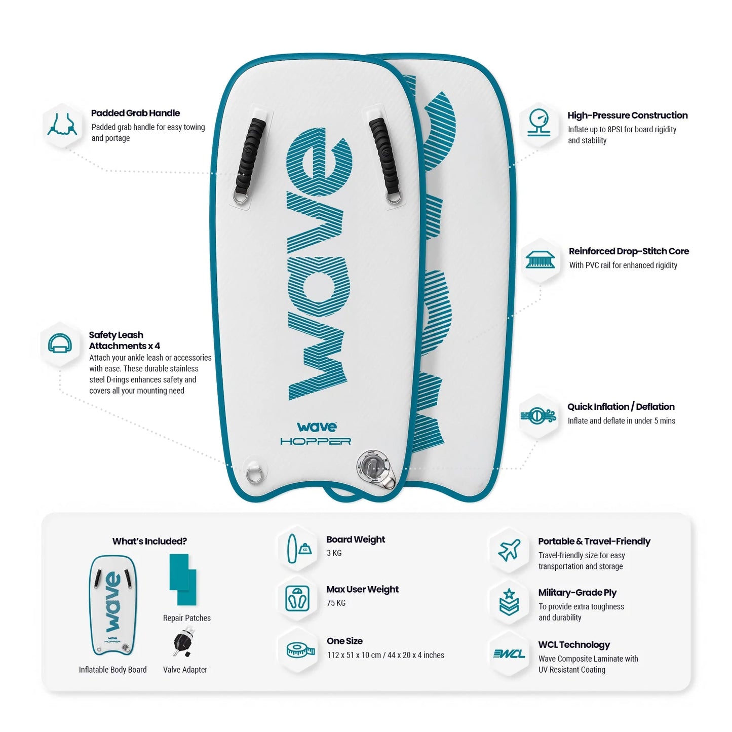 Wave Hopper | Inflatable Body Board | 112x51x10cm - Peak Health and Fitness