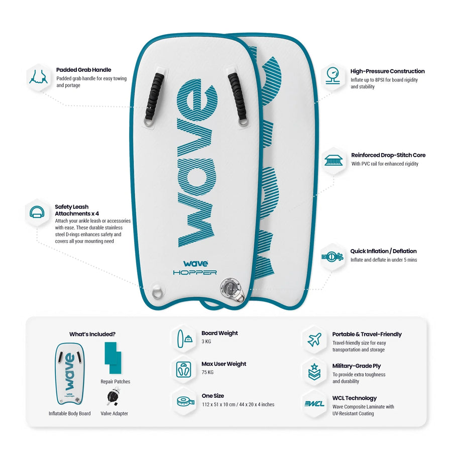 Wave Hopper | Inflatable Body Board | 112x51x10cm - Peak Health and Fitness