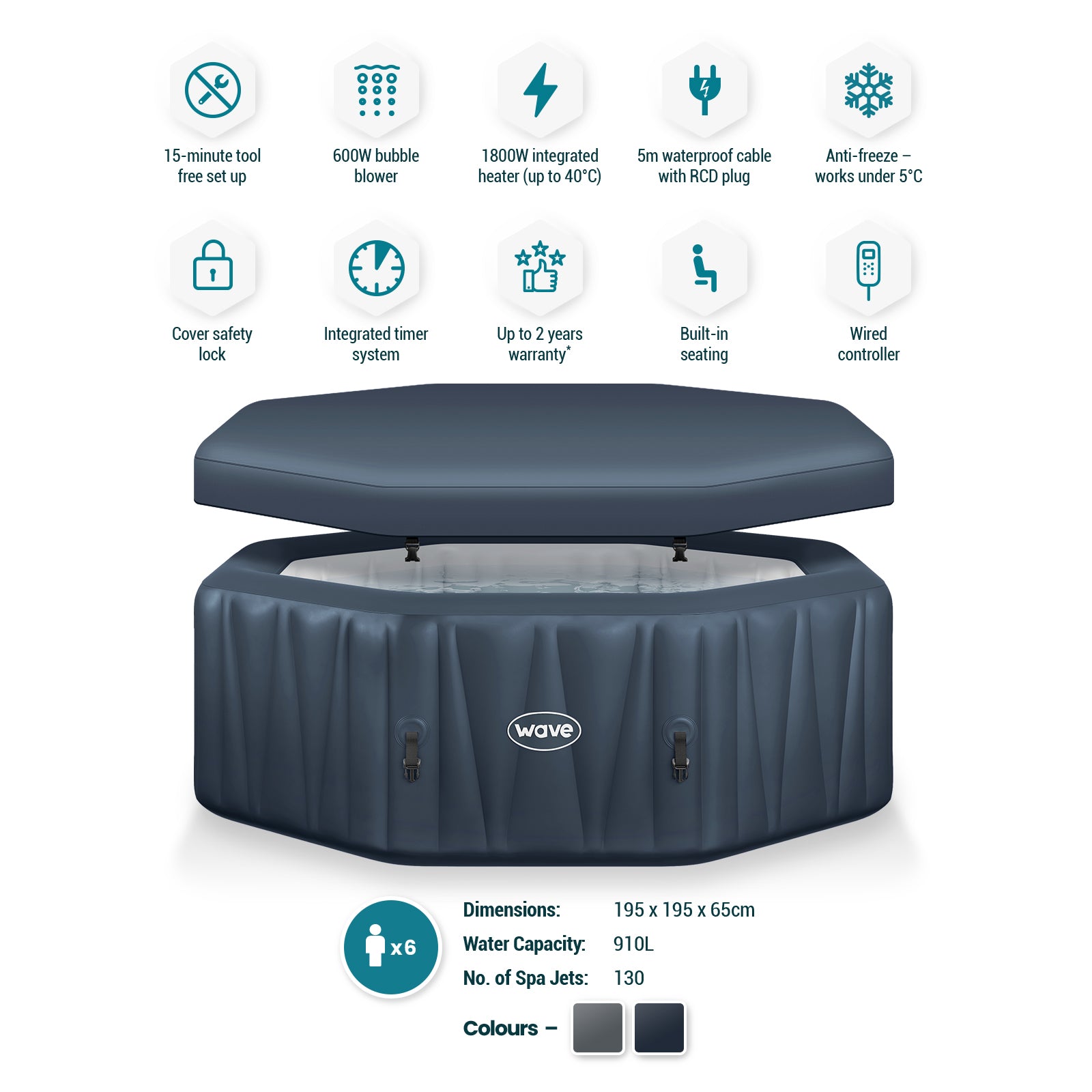 WaveSpa Pacific Inflatable Hot Tub with Integrated Heater – 4–6 Person - Peak Health and Fitness