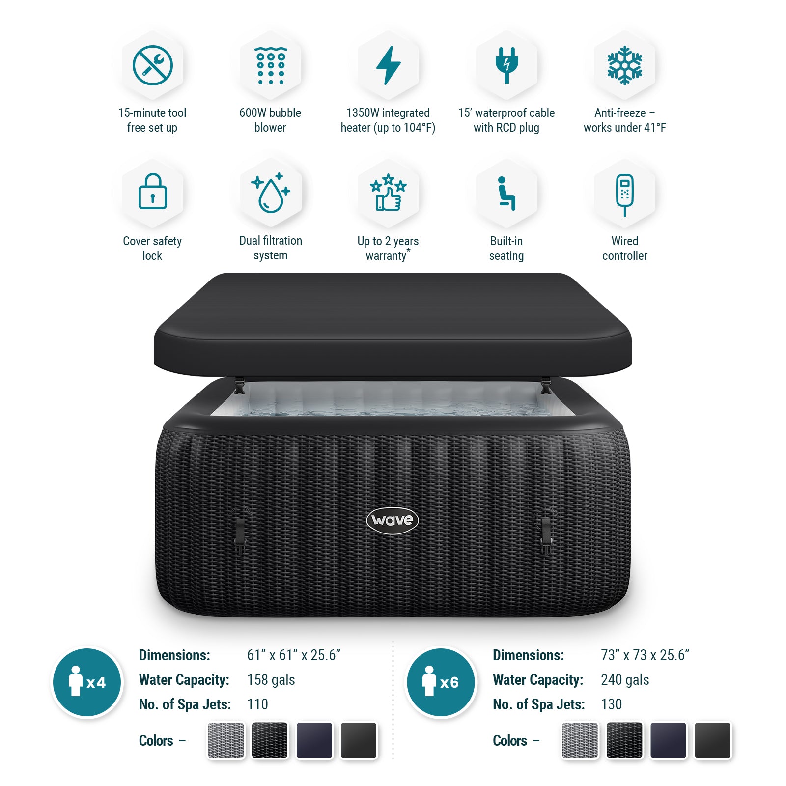 WaveSpa Pacific Inflatable Hot Tub with Integrated Heater – 4–6 Person - Peak Health and Fitness