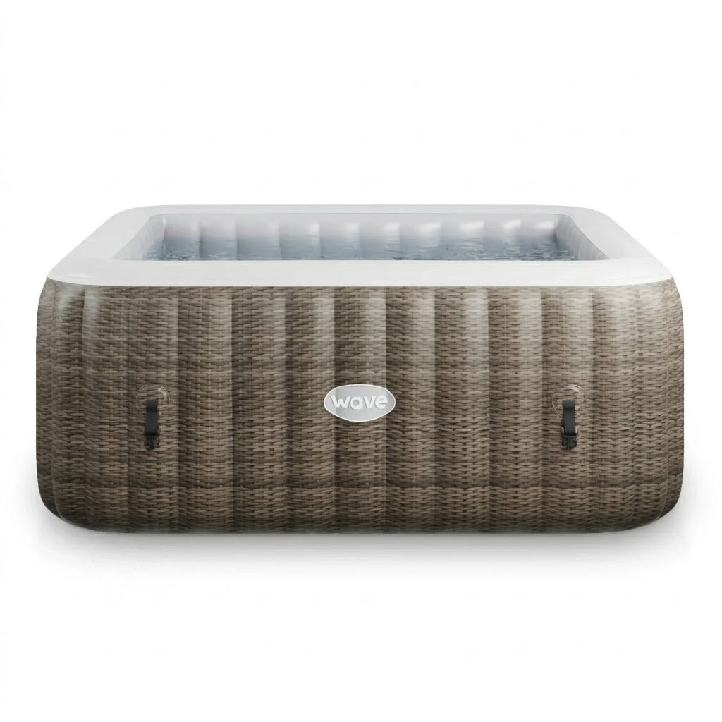 Inflatable hot tub with woven exterior and visible brand logo on a white background