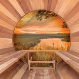 barrel sauna with panoramic glass