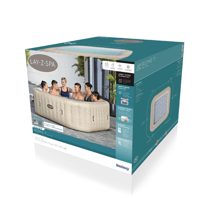 Box packaging of Lay-Z-Spa ROME 7 inflatable hot tub with people around it.