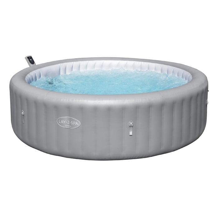 Inflatable hot tub with water on a white background, featuring the Lay-Z-Spa brand.