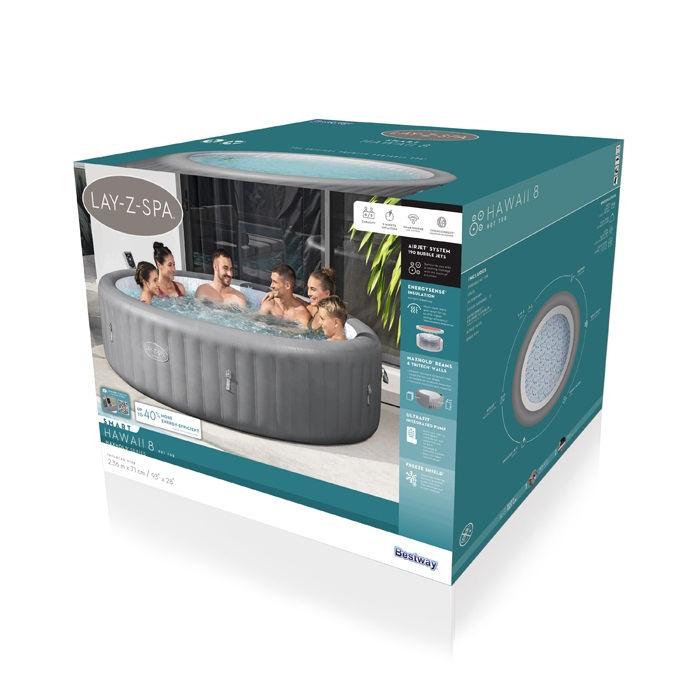 Box of Lay-Z-Spa Hawaii 8 hot tub with family in bathtub on front