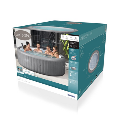 Box of Lay-Z-Spa Hawaii 8 hot tub with family in bathtub on front
