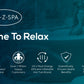 Lay-Z-Spa advertisement with a woman relaxing in a hot tub, featuring brand logos and text about their products.
