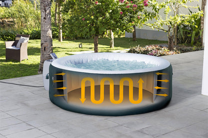 Inflatable hot tub with heating system diagram in a garden setting