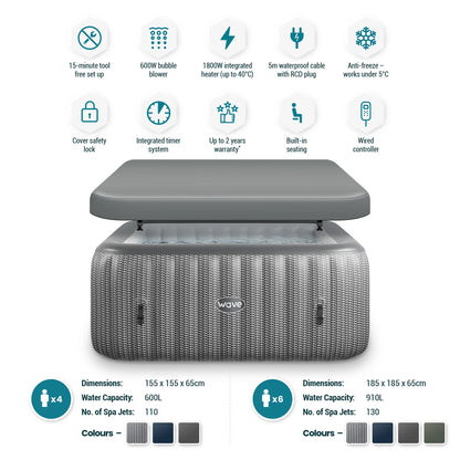 WaveSpa Inflatable Hot Tub Integrated Heater - Pacific 4/6 Person