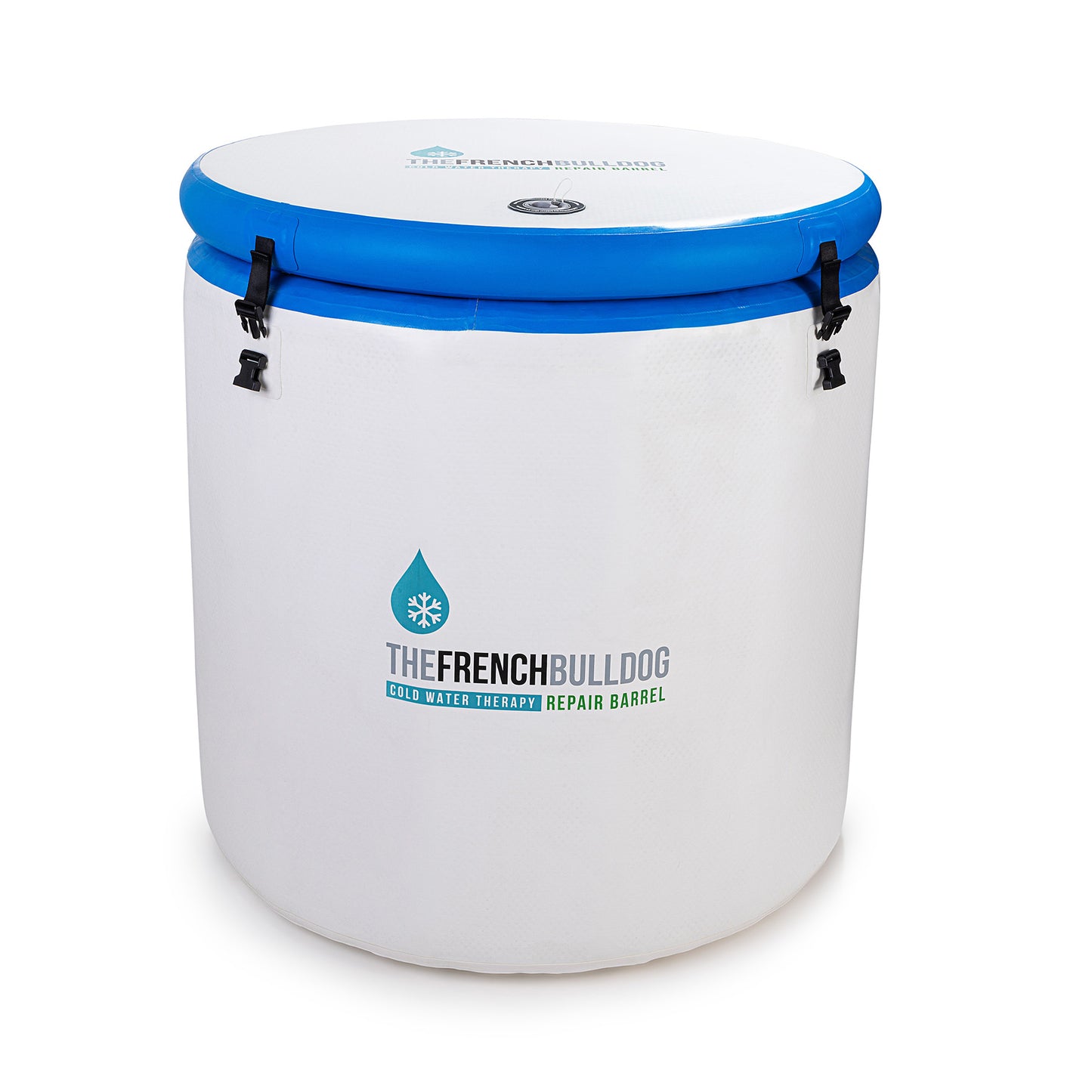 White repair barrel with blue lid featuring 'The French Bulldog' logo on a white background